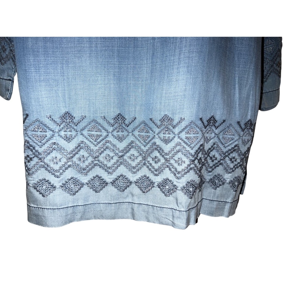 New Chico's Royal Dip Dye Chambray Embroidered Open Front Duster Jacket Size 2 L - Picture 7 of 10